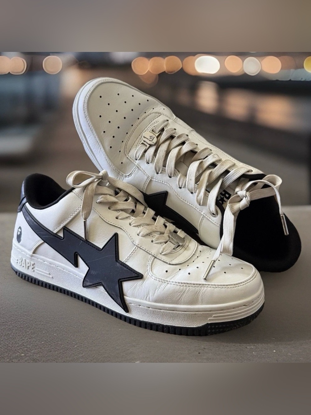 🤍 BAPE STA White Black Leather Sneakers Sz 13 Streetwear Classic
